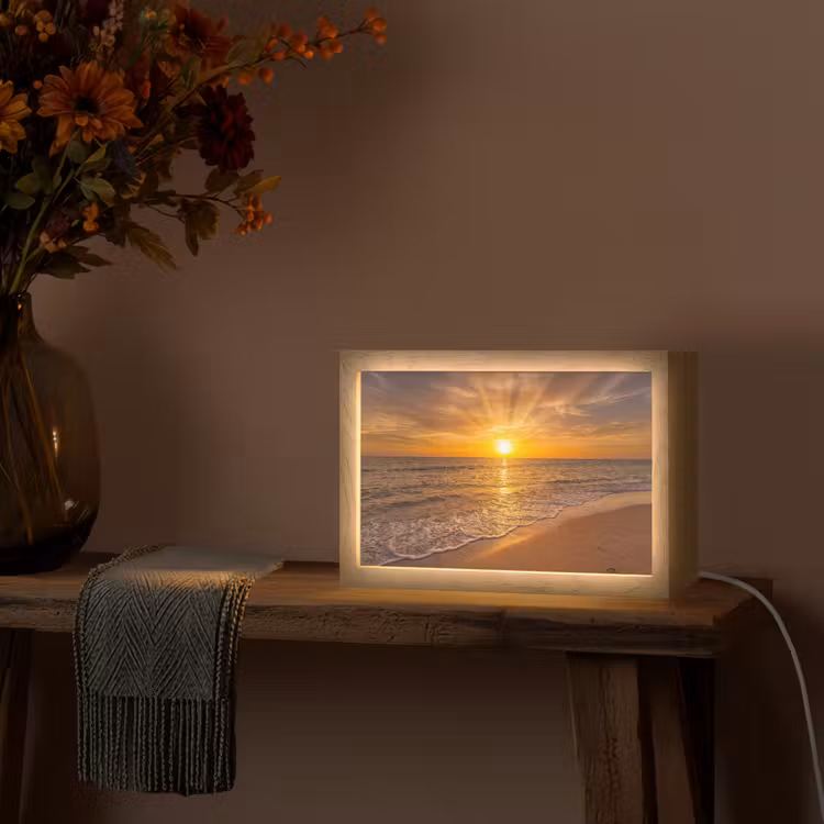 Zee - Zonsondergang - Golven - Kust - Oranje Light Box met kabel (Tafellamp) klein -sfeer4
