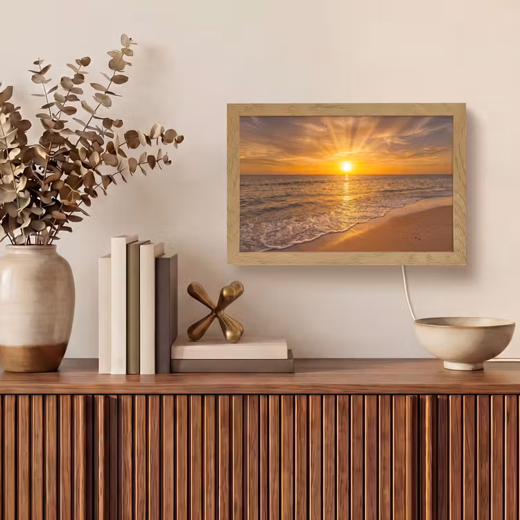 Zee - Zonsondergang - Golven - Kust - Oranje Light Box met kabel (Tafellamp) klein -sfeer2
