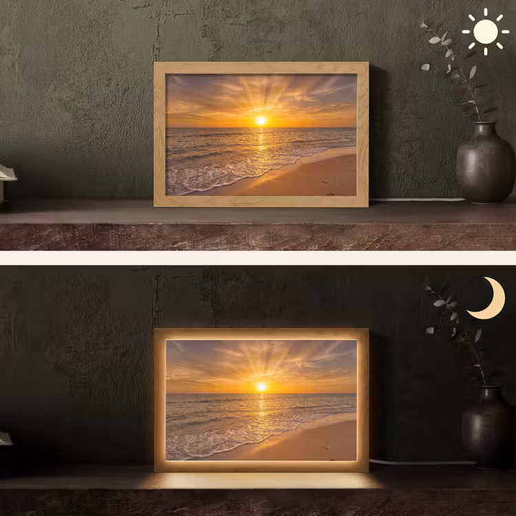 Zee - Zonsondergang - Golven - Kust - Oranje Light Box met kabel (Tafellamp) klein -sfeer3