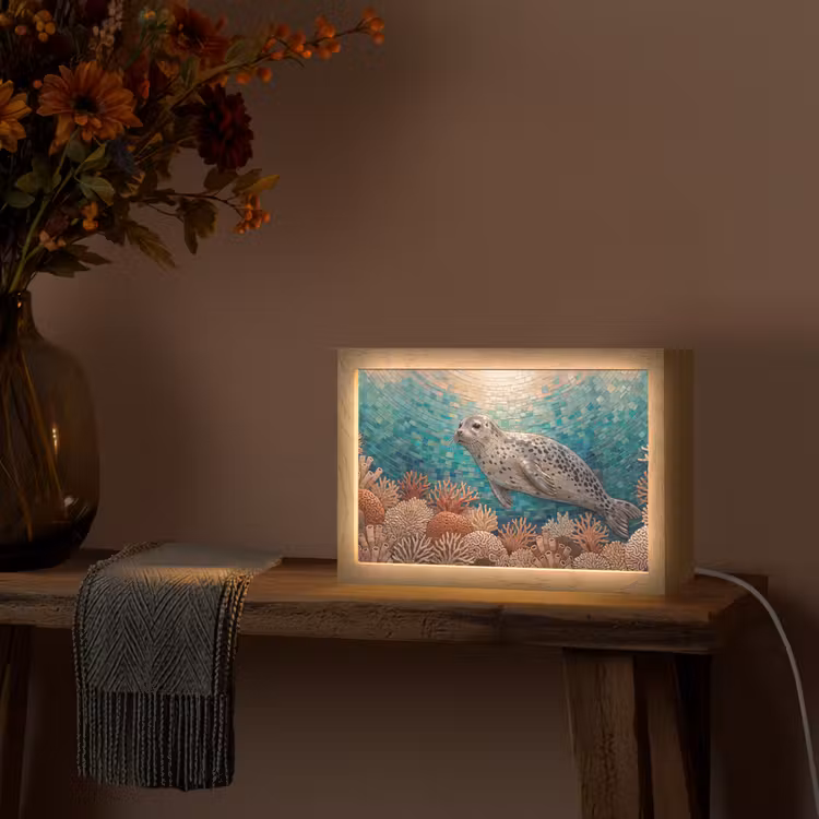 Zeehond - Mozaïek - Onderwater - Dieren - Blauw Light Box met kabel (Tafellamp) klein -sfeer4