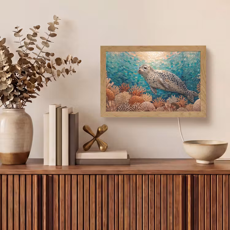 Zeehond - Mozaïek - Onderwater - Dieren - Blauw Light Box met kabel (Tafellamp) klein -sfeer2