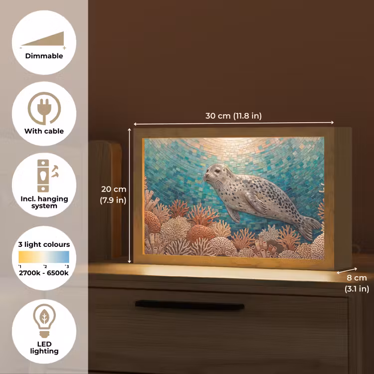 Zeehond - Mozaïek - Onderwater - Dieren - Blauw Light Box met kabel (Tafellamp) klein -USP_EN