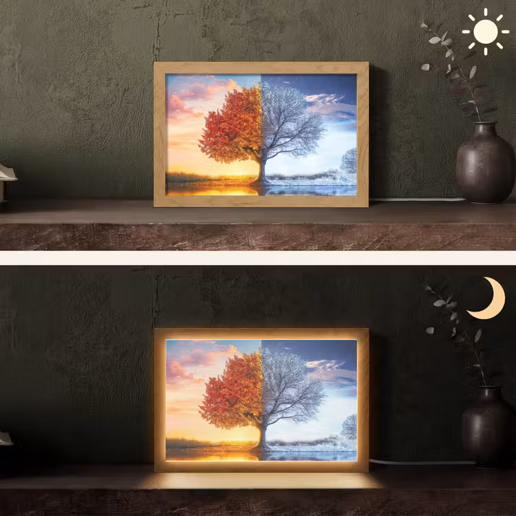 Seizoenen - Kunst - Boom - Herfst - Winter Light Box met kabel (Tafellamp) klein -sfeer3