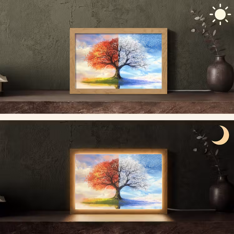 Seizoenen - Kunst - Boom - Winter - Herfst Light Box met kabel (Tafellamp) klein -sfeer3