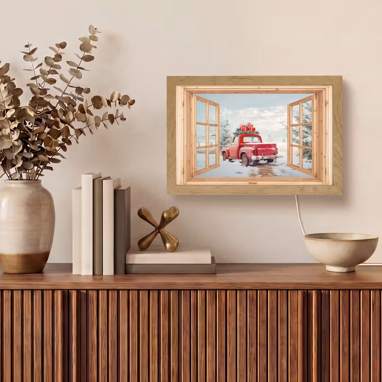 Doorkijk - Auto - Kerst - Cadeaus - Winter - Landschap Light Box met kabel (Tafellamp) klein -sfeer2