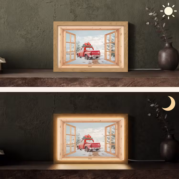 Doorkijk - Auto - Kerst - Cadeaus - Winter - Landschap Light Box met kabel (Tafellamp) klein -sfeer3