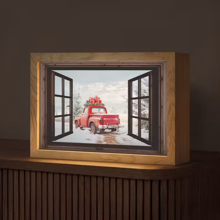 Doorkijk - Auto - Rood - Cadeaus - Winterlandschap - Kerst Light Box met kabel (Tafellamp) klein -z3d_website