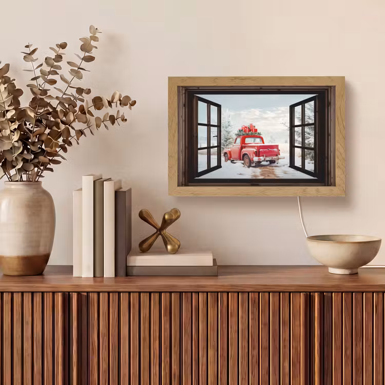 Doorkijk - Auto - Rood - Cadeaus - Winterlandschap - Kerst Light Box met kabel (Tafellamp) klein -sfeer2