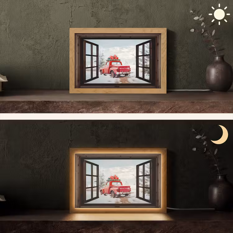 Doorkijk - Auto - Rood - Cadeaus - Winterlandschap - Kerst Light Box met kabel (Tafellamp) klein -sfeer3