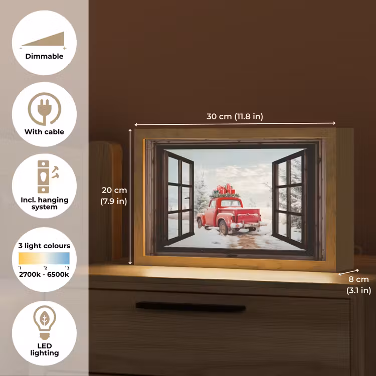 Doorkijk - Auto - Rood - Cadeaus - Winterlandschap - Kerst Light Box met kabel (Tafellamp) klein -USP_EN