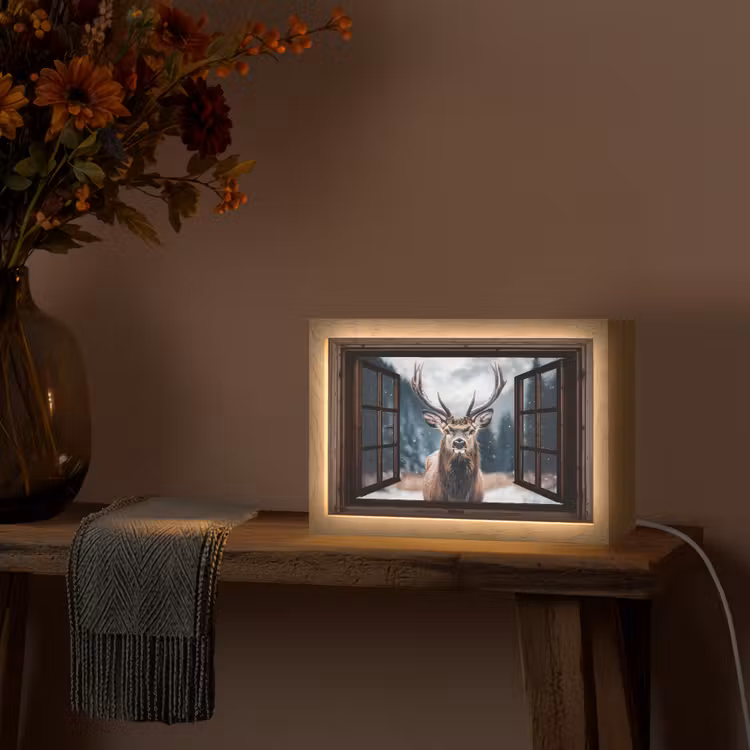 Doorkijk - Hert - Dieren - Landschap - Winter - Sneeuw - Landelijk Light Box met kabel (Tafellamp) klein -sfeer4