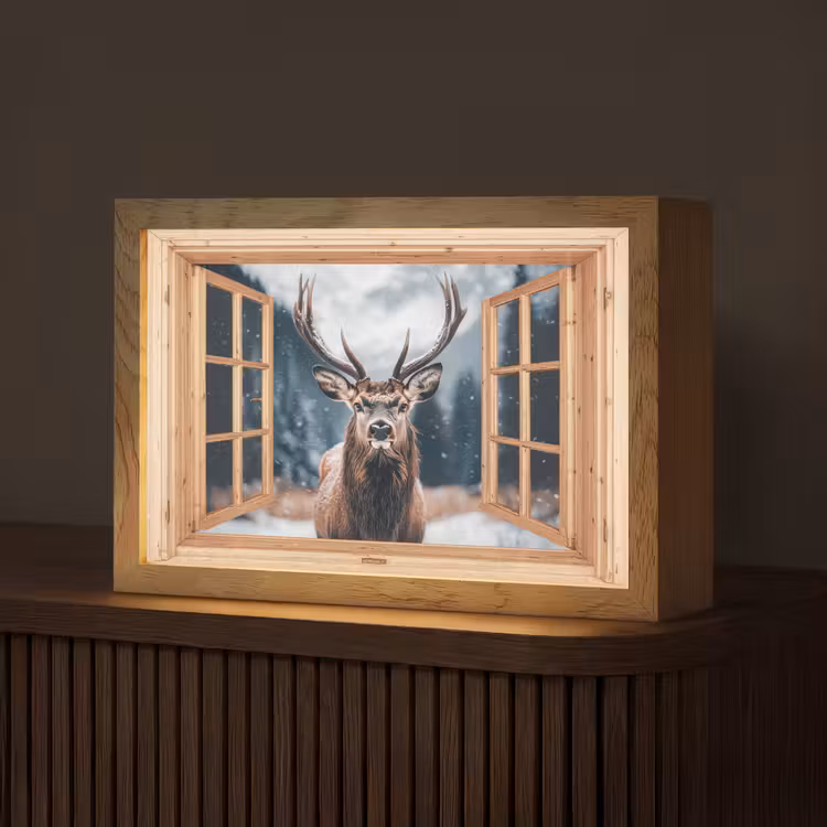 Doorkijk - Hert - Dieren - Winterlandschap - Sneeuw Light Box met kabel (Tafellamp) klein -z3d_website