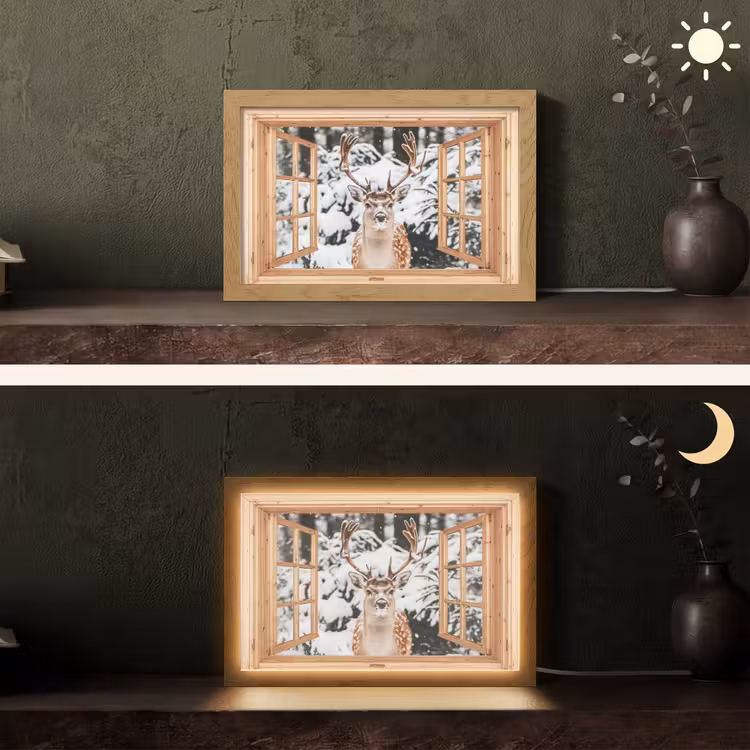Doorkijk - Hert - Sneeuw - Winter - Bos - Dieren Light Box met kabel (Tafellamp) klein -sfeer3