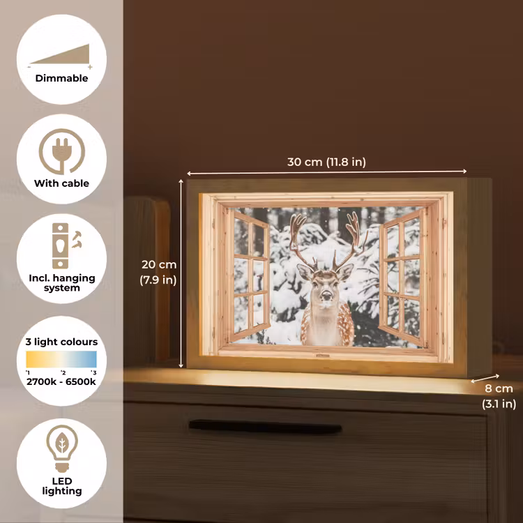 Doorkijk - Hert - Sneeuw - Winter - Bos - Dieren Light Box met kabel (Tafellamp) klein -USP_EN