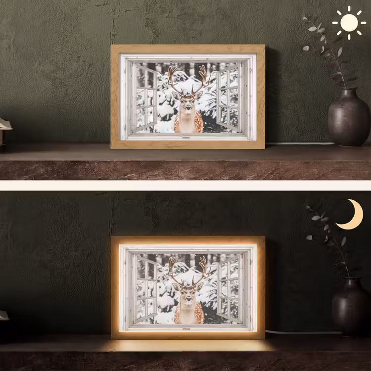 Doorkijk - Hert - Sneeuw - Winter - Bos - Dieren - Natuur Light Box met kabel (Tafellamp) klein -sfeer3