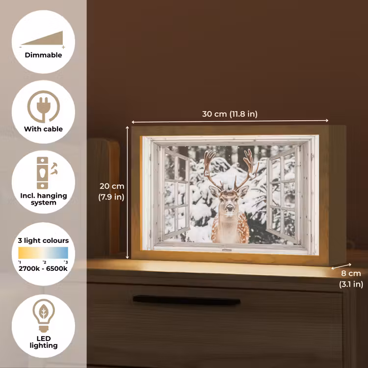Doorkijk - Hert - Sneeuw - Winter - Bos - Dieren - Natuur Light Box met kabel (Tafellamp) klein -USP_EN