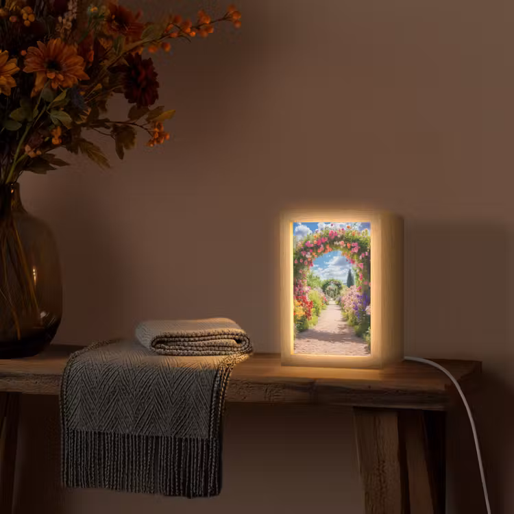 Doorkijk - Bloemen - Kleurrijk - Natuur Light Box met kabel (Tafellamp) klein -sfeer4