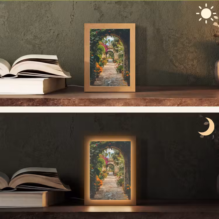 Doorkijk - Bloemen - Poort - Stenen Light Box met kabel (Tafellamp) klein -sfeer3