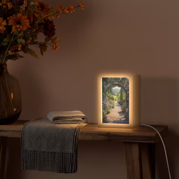Doorkijk - Bloemen - Natuur - Rozenboog Light Box met kabel (Tafellamp) klein -sfeer4