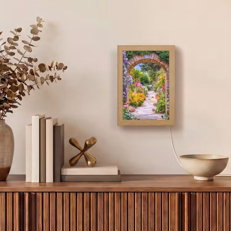Doorkijk - Bloemen - Pad - Natuur Light Box met kabel (Tafellamp) klein -sfeer2