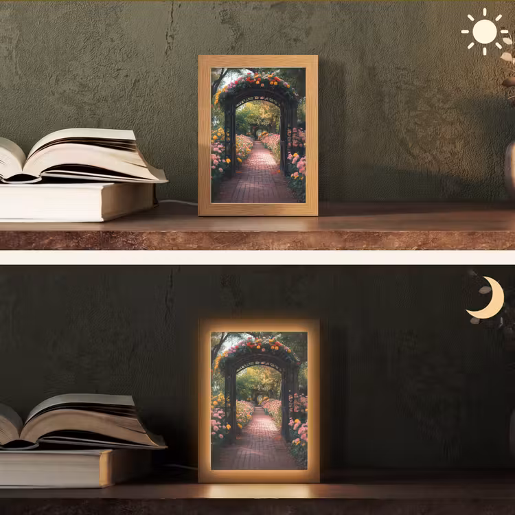 Doorkijk - Bloemen - Pad - Natuur - Kleurrijk Light Box met kabel (Tafellamp) klein -sfeer3