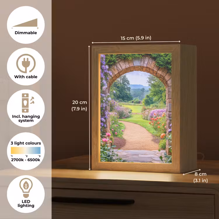 Doorkijk - Poort - Bloemen - Tuin Light Box met kabel (Tafellamp) klein -USP_EN