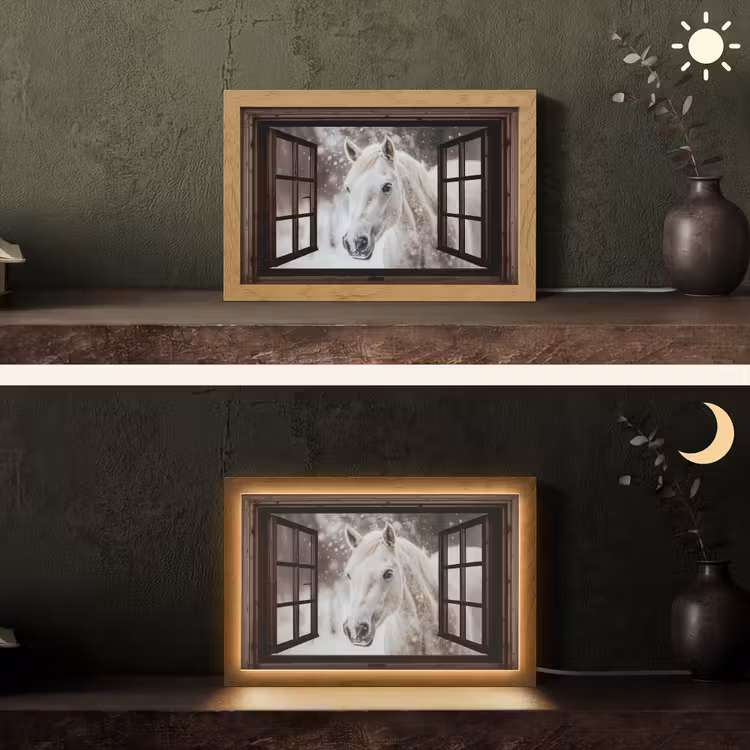 Doorkijk - Paard - Wit - Winterlandschap - Sneeuw Light Box met kabel (Tafellamp) klein -sfeer3