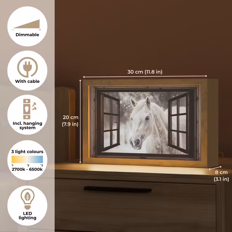 Doorkijk - Paard - Wit - Winterlandschap - Sneeuw Light Box met kabel (Tafellamp) klein -USP_EN