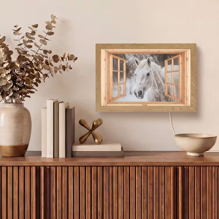 Doorkijk - Paard - Wit - Winter - Sneeuw - Dieren Light Box met kabel (Tafellamp) klein -sfeer2