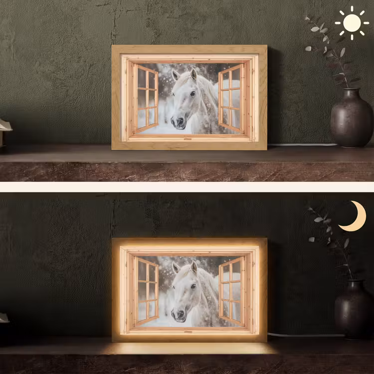 Doorkijk - Paard - Wit - Winter - Sneeuw - Dieren Light Box met kabel (Tafellamp) klein -sfeer3