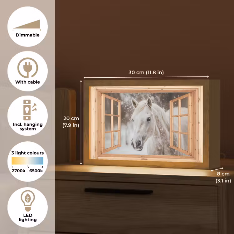 Doorkijk - Paard - Wit - Winter - Sneeuw - Dieren Light Box met kabel (Tafellamp) klein -USP_EN