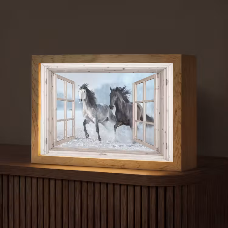 Doorkijk - Paarden - Winter - Dieren - Natuur - Wit Light Box met kabel (Tafellamp) klein -z3d_website
