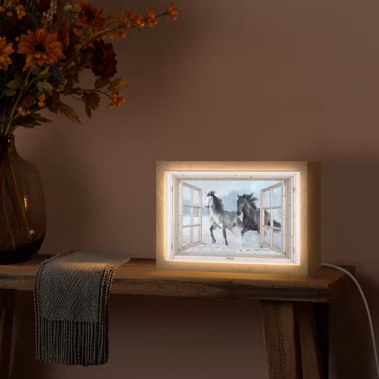 Doorkijk - Paarden - Winter - Dieren - Natuur - Wit Light Box met kabel (Tafellamp) klein -sfeer4