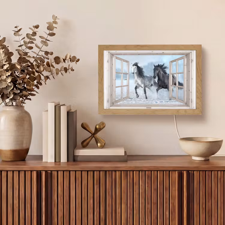 Doorkijk - Paarden - Winter - Dieren - Natuur - Wit Light Box met kabel (Tafellamp) klein -sfeer2