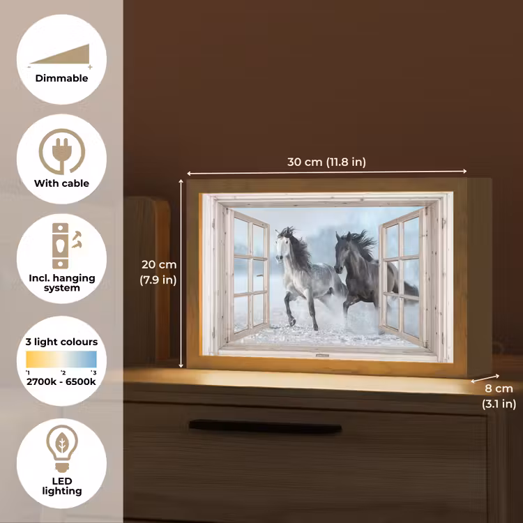 Doorkijk - Paarden - Winter - Dieren - Natuur - Wit Light Box met kabel (Tafellamp) klein -USP_EN