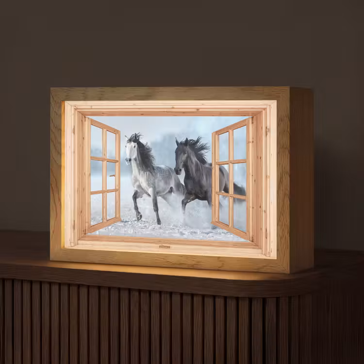 Doorkijk - Paarden - Winter - Dieren - Natuur - Hout Light Box met kabel (Tafellamp) klein -z3d_website