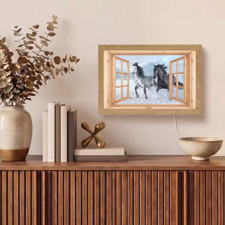 Doorkijk - Paarden - Winter - Dieren - Natuur - Hout Light Box met kabel (Tafellamp) klein -sfeer2