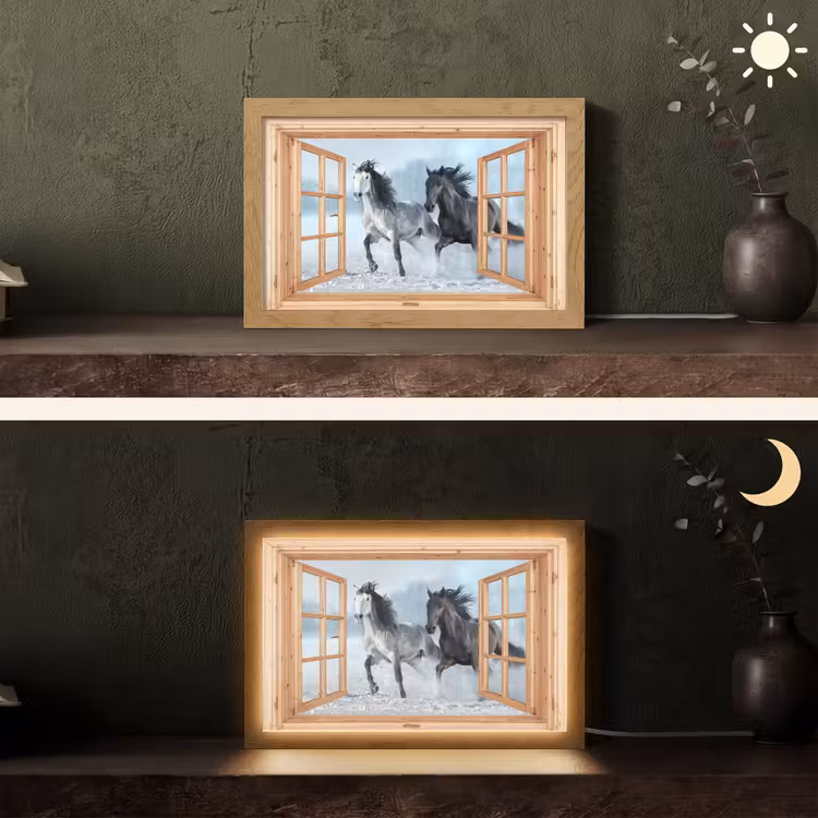 Doorkijk - Paarden - Winter - Dieren - Natuur - Hout Light Box met kabel (Tafellamp) klein -sfeer3