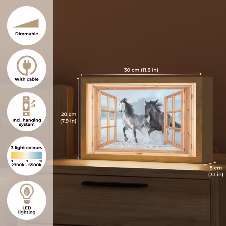 Doorkijk - Paarden - Winter - Dieren - Natuur - Hout Light Box met kabel (Tafellamp) klein -USP_EN