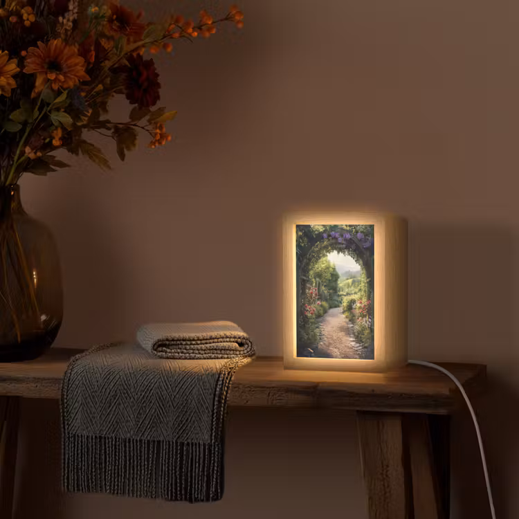 Doorkijk - Landschap - Bloemen - Tuinboog - Natuur Light Box met kabel (Tafellamp) klein -sfeer4