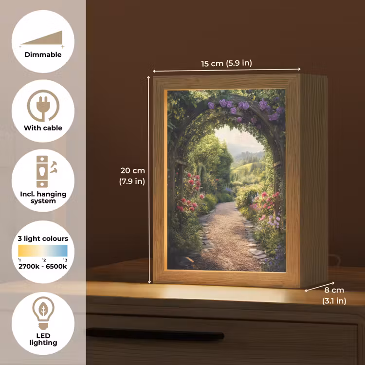 Doorkijk - Landschap - Bloemen - Tuinboog - Natuur Light Box met kabel (Tafellamp) klein -USP_EN