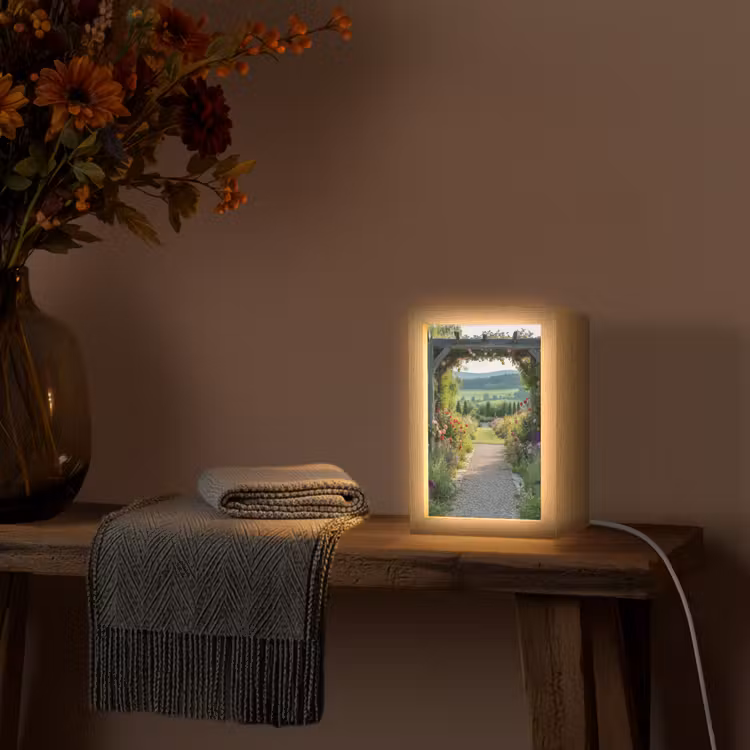Doorkijk - Landschap - Natuur - Tuinboog - Bloemen Light Box met kabel (Tafellamp) klein -sfeer4