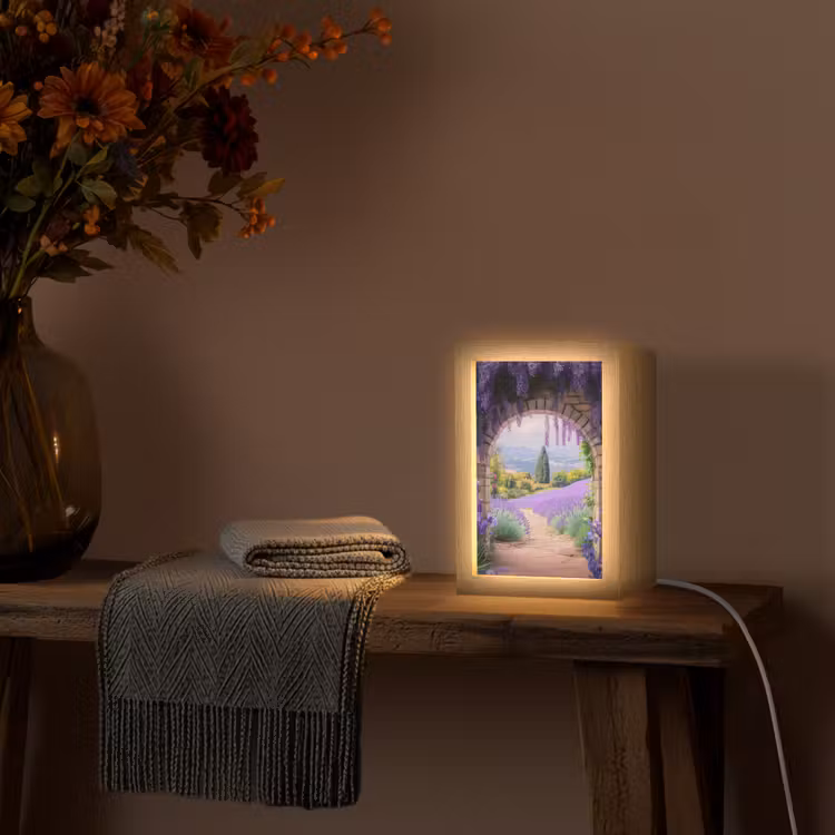Doorkijk - Lavendel - Bloemen - Paars - Poort Light Box met kabel (Tafellamp) klein -sfeer4