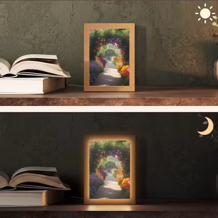 Doorkijk - Pad - Bloemen - Struik - Kleurrijk Light Box met kabel (Tafellamp) klein -sfeer3