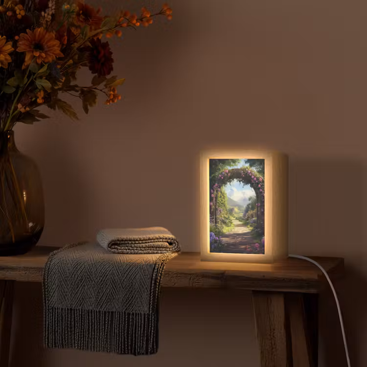Doorkijk - Rozenboog - Uitzicht - Landschap - Bloemen Light Box met kabel (Tafellamp) klein -sfeer4