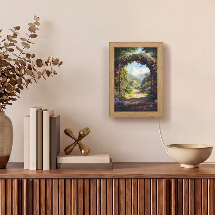 Doorkijk - Rozenboog - Uitzicht - Landschap - Bloemen Light Box met kabel (Tafellamp) klein -sfeer2