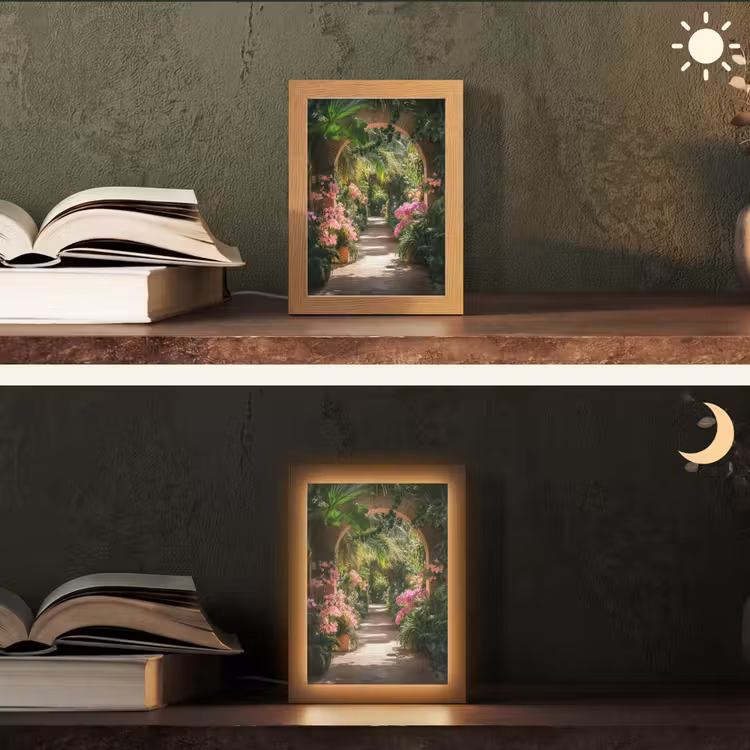 Doorkijk - Tropisch - Bloemen - Natuur Light Box met kabel (Tafellamp) klein -sfeer3