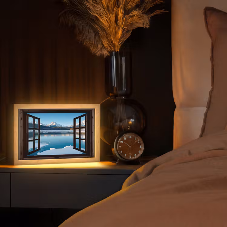 Doorkijk - Winterlandschap - Meer - Bergen - Uitzicht Light Box met kabel (Tafellamp) klein -sfeer1