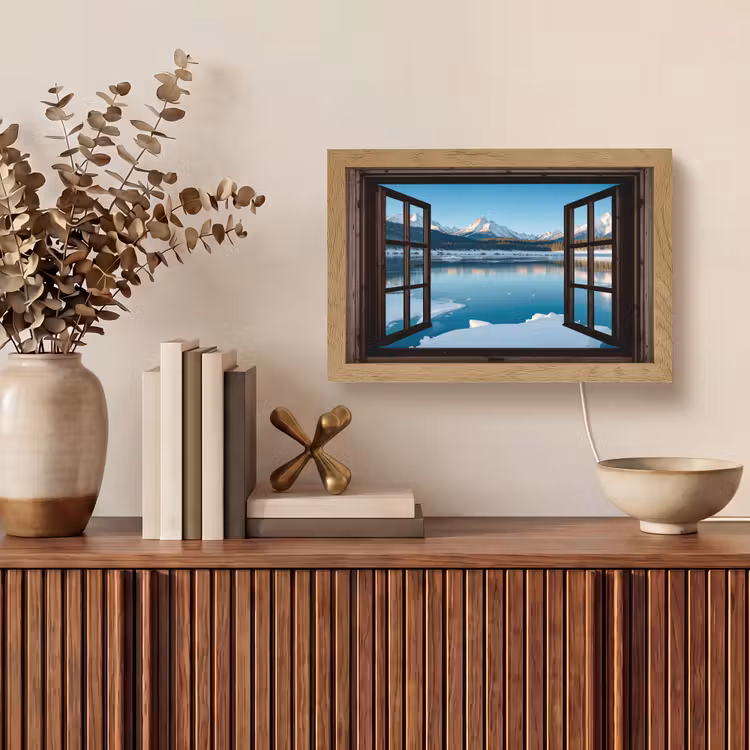 Doorkijk - Winterlandschap - Meer - Bergen - Uitzicht Light Box met kabel (Tafellamp) klein -sfeer2