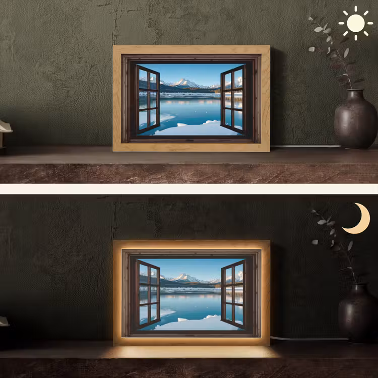 Doorkijk - Winterlandschap - Meer - Bergen - Uitzicht Light Box met kabel (Tafellamp) klein -sfeer3